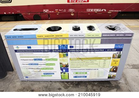 Bins for people drop and separate garbage for recycle at Prague main railway station or praha hlavni nadrazi on August 31 2017 in Prague Czech Republic.