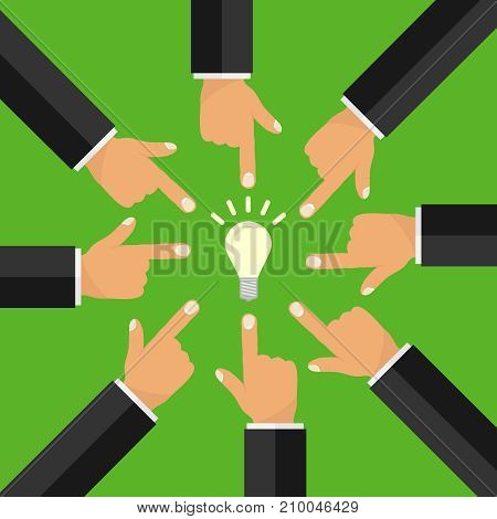 The index finger with a light bulb, many index fingers. The finger points to the light bulb. Flat design, vector illustration, vector.