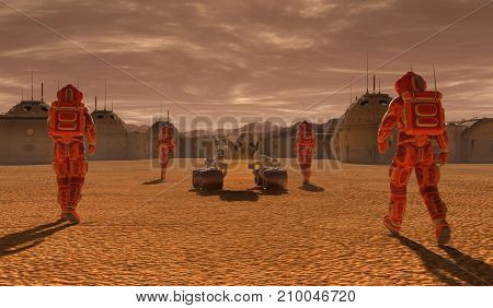 3D Illustration. Mars colony. Expedition on alien planet. Life on Mars.