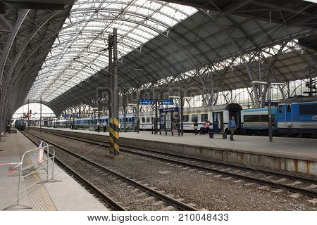 Czechia People And Foreigner Passengers Wait And To Get On The Train At Prague Main Railway Station
