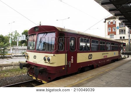 Red Classic And Retro Train Stop For Show Travelers People At Prague Main Railway Station Or Praha H
