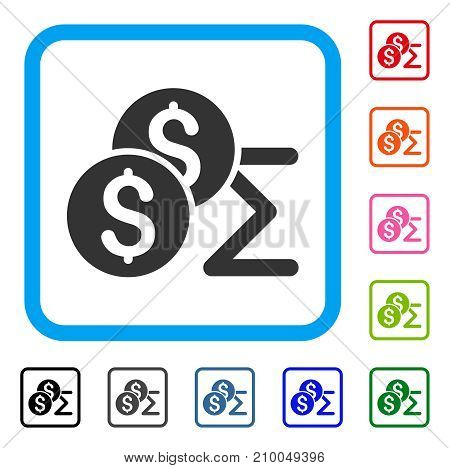 Coin Summary icon. Flat gray iconic symbol inside a light blue rounded rectangle. Black, gray, green, blue, red, orange color versions of Coin Summary vector. Designed for web and software UI.