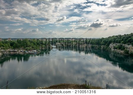 Lanscape shot overlooking zakrzówek lake in the outskirts of Krakow, Poland
