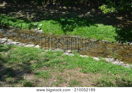 Small brook and its coasts on a sunny summer day
