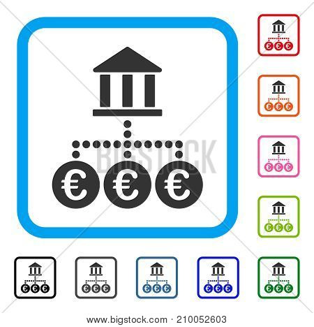 Euro Bank Transactions icon. Flat gray pictogram symbol inside a light blue rounded rectangle. Black, gray, green, blue, red, orange color versions of Euro Bank Transactions vector.
