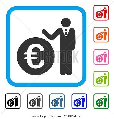 Euro Economist icon. Flat grey iconic symbol inside a light blue rounded rectangle. Black, gray, green, blue, red, orange color versions of Euro Economist vector. Designed for web and application UI.