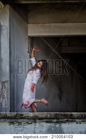 Zombie Ghost Woman Murder With Bloody Stand Dance On Abandoned Building