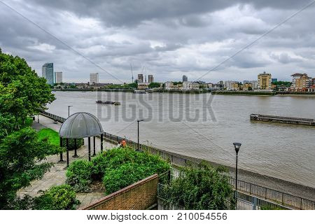 Aerial shot of McDougal Gardens River Thames and footpath. Shot taken on an overcast afternoon.