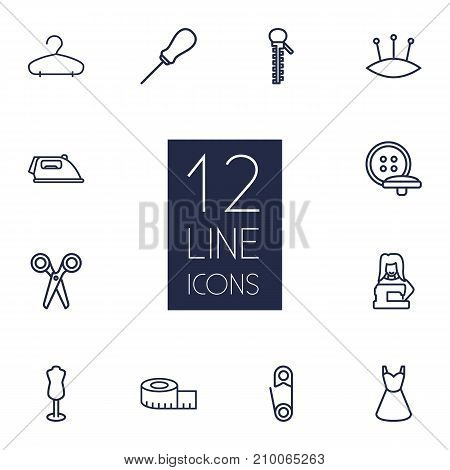 Collection Of Zipper, Awl, Buttons And Other Elements.  Set Of 12 Tailor Outline Icons Set.