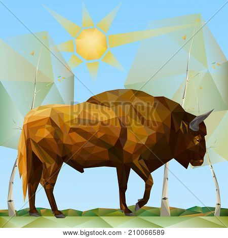 Bison, Birches and Sun in Forest in Polygonal Style