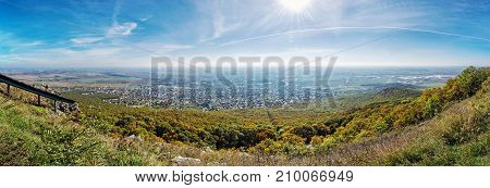 Panoramic view of the Nitra city from Zobor hill Slovak republic. Seasonal landscape. Autumn forest. Tourism theme.
