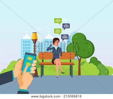 Summer park of rest, walking park. Summer park with green tree, grass. Girl resting in park on bench, communicate through social networks, mobile chat. Sending message via chat. Vector illustration.