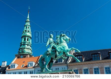 Copenhagen, Denmark - september 3, 2017: The equestrian statue of Absalon the warrior-bishop who has traditionally been credited as the founder of Copenhagen. It was inaugurated in 1901 to commemorate the septcentennial of his death.