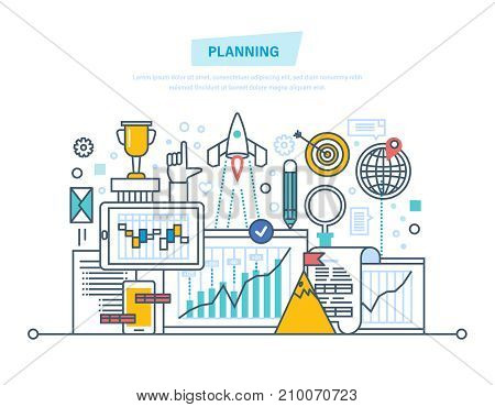 Time management, planning business objectives and results, analysis, statistics, research, financial strategy and analytics. Illustration thin line design of vector doodles, infographics elements.