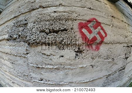 ILLUSTRATIVE EDITORIAL.Modern painting in the old military bunker.Kiev,Ukraine.October 18, 2017