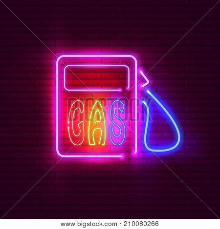 Gas station neon sign on brick wall. Vintage signboard.