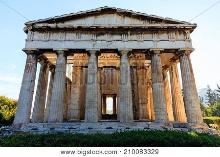 Athens, Greece. Hephaestus Temple On Blue Sky Background