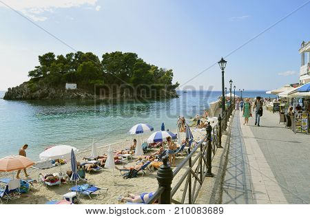 Paxos harbour Greece - October 01 2017 : Paxos beach a small island south of Corfu a Greek island in the Ionian sea