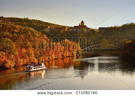 Beautiful Autumn Landscape With Veveri Castle. Natural Colorful Scenery With Sunset. Brno Dam-czech