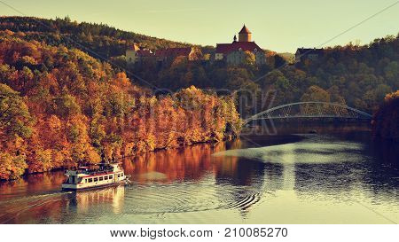 Beautiful Autumn Landscape With Veveri Castle. Natural Colorful Scenery With Sunset. Brno Dam-czech