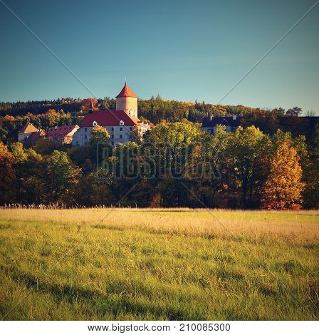 Beautiful Autumn Landscape With Veveri Castle. Natural Colorful Scenery With Sunset. Brno Dam-czech