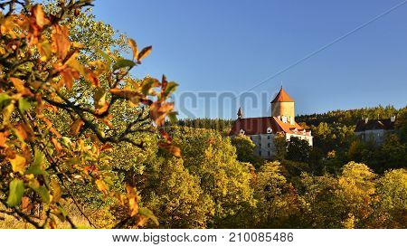 Beautiful Autumn Landscape With Veveri Castle. Natural Colorful Scenery With Sunset. Brno Dam-czech