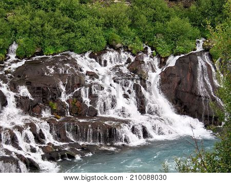 The view of Barnafoss waterfall on the Hvita Riverl in western iceland July 2017