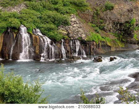 The view of the Barnafoss waterfall on the Hvita Riverl in western iceland July 2017