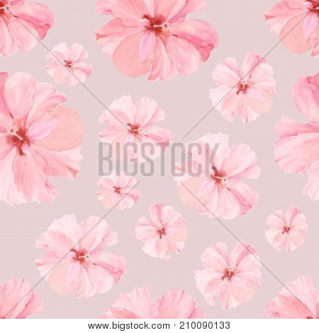 Botanical watercolor illustration seamless pattern with pink hibiskus on grey background. Could be used as decoration for web design polygraphy or textile