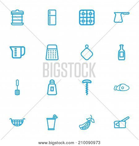 Set Of 16 Editable Food Outline Icons. Includes Symbols Such As Wine Opener, Refrigerator, Rooty And More