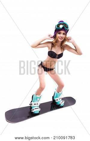 Slim Blonde Woman Standing On Snowboard