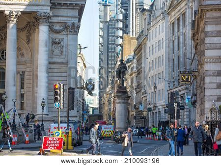 London, UK - March 15, 2017: Royal exchange building at the Bank of England square