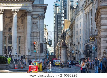 London, UK - March 15, 2017: Royal exchange building at the Bank of England square