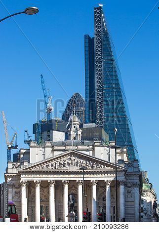 London, UK - March 15, 2017: Royal exchange building at the Bank of England square