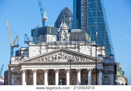London, UK - March 15, 2017: Royal exchange building at the Bank of England square