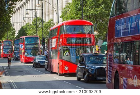 LONDON, UK - June 9, 2017: Red British bases at Oxford street, the main destination for shopping at Westend.