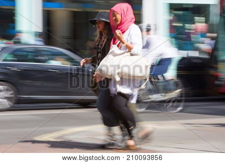 LONDON, UK - June 9, 2017: Blurred image of walking people at Oxford street, the main destination for shopping at Westend.