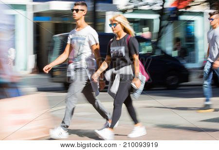 LONDON, UK - June 9, 2017: Blurred image of walking people at Oxford street, the main destination for shopping at Westend.