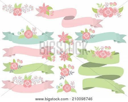 Vector set of floral pastel ribbons. Set includes green, pink and turquoise  ribbons. Vector ribbons. Floral ribbons vector illustration