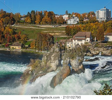 Laufen, Switzerland - 18 October, 2017: the Rhine Falls, view from the Laufen castle. The Rhine Falls is the largest waterfall in Europe, located on the border between the Swiss cantons of Zurich and Schaffhausen.