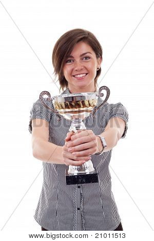 Podnikání žena ukazující její velkou trofej