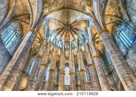 Interior Of Santa Maria Del Mar In Barcelona, Catalonia, Spain