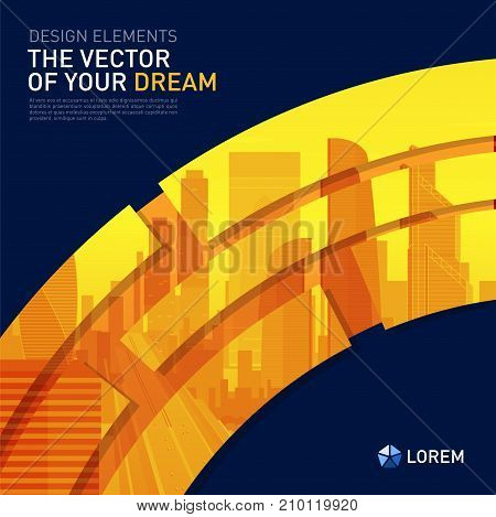 Design element for corporate graphic layout. Modern abstract geometry background template design whith colored cityscape vector illustration for investment, business, real estate, construction.