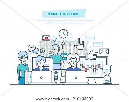 Marketing teams. Corporate business group people, creative team, cooperation, collaboration, partnerships, teamwork. Working together to achieve business goals. Illustration thin line design.