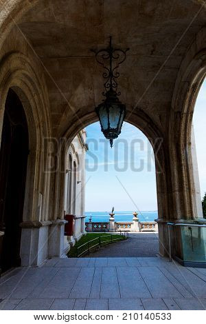 Old courtyard of Miramare castle in Trieste, Italy