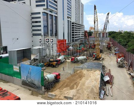BANGKOK THAILAND 21 OCT 2017: Construction workers are working on pre-construction projects near the Phayathai BTS station