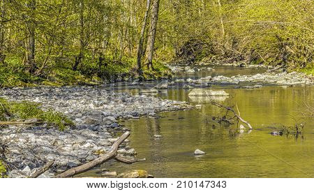waterside scenery at Kupfer river in Hohenlohe a area in Southern Germany at early spring time