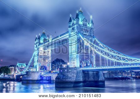 London, the United Kingdom: Tower Bridge on River Thames at night