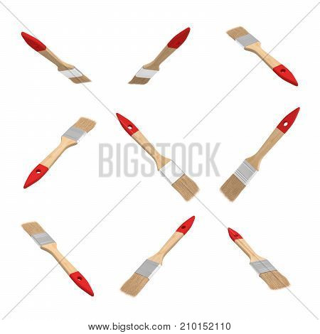 3d rendering of many new wooden paint brushes in different angles hanging on a while background. Art supplies. Home improvement tools. Repaint walls.