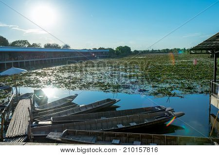 Lotus marsh and wood boat with sky background at Banglane Nakorn pathum Thailand.